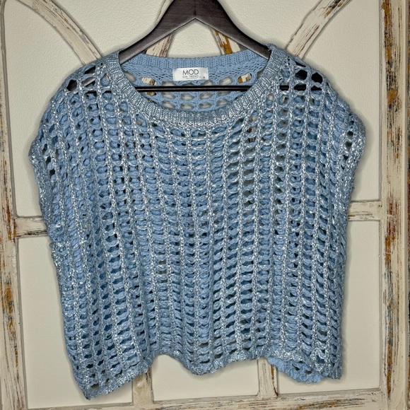 Mod On Trend Sweaters - MOD Crochet Knit Metallic Sweater in Light Blue